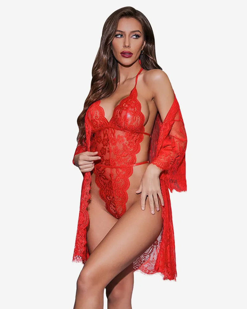 2 Piece Set Lace Robe with Teddy (DE Only)
