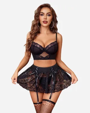 3Pcs Sets Bralette and Panty with Lace Skirt