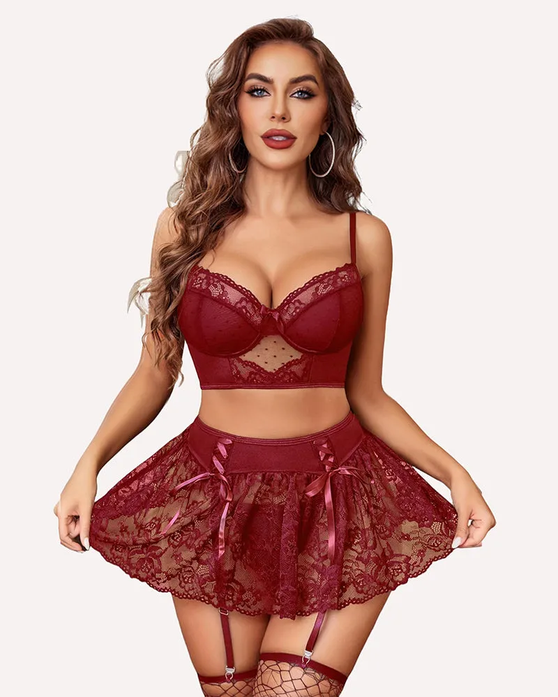 3Pcs Sets Bralette and Panty with Lace Skirt