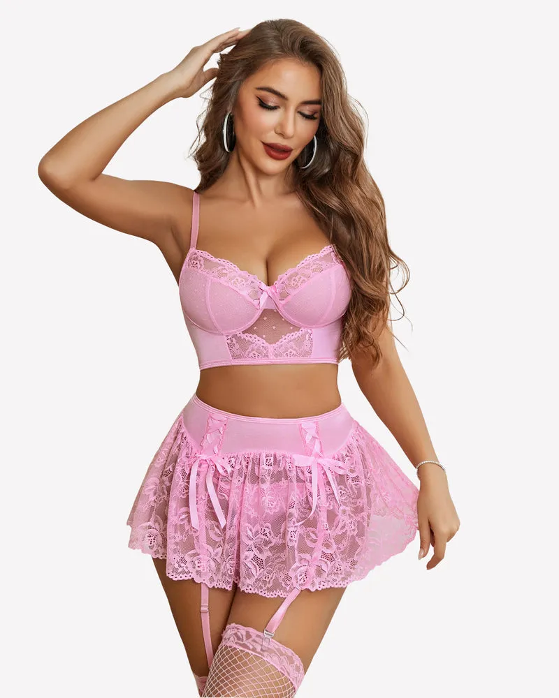3Pcs Sets Bralette and Panty with Lace Skirt