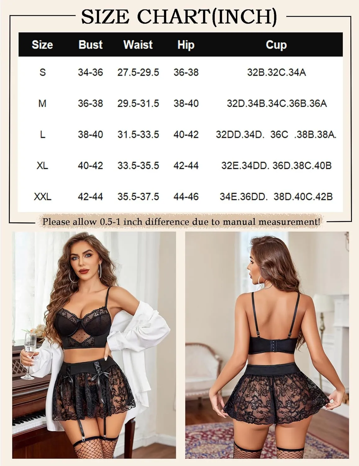 3Pcs Sets Bralette and Panty with Lace Skirt