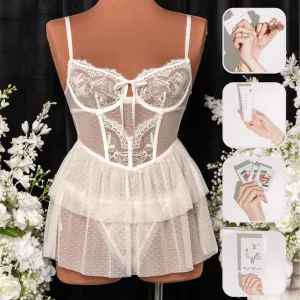 Bridal Bundle: Lace & Mesh Bustier Tiered Babydoll - Pearl