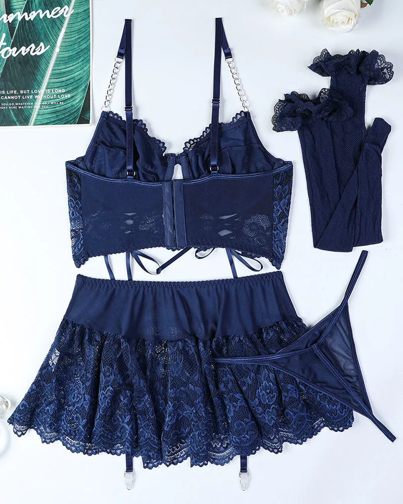 Chain Lace Tie Skirt Set With Stockings