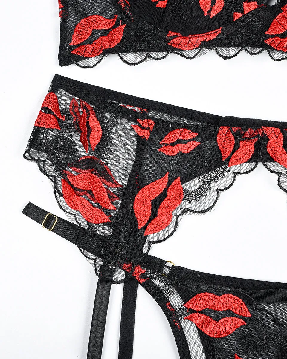 Embroidery Print Set with Garter Belts