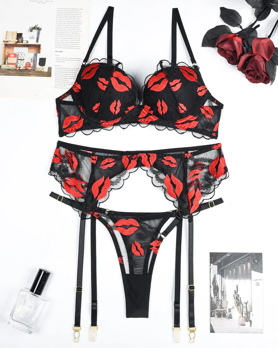 Embroidery Print Set with Garter Belts