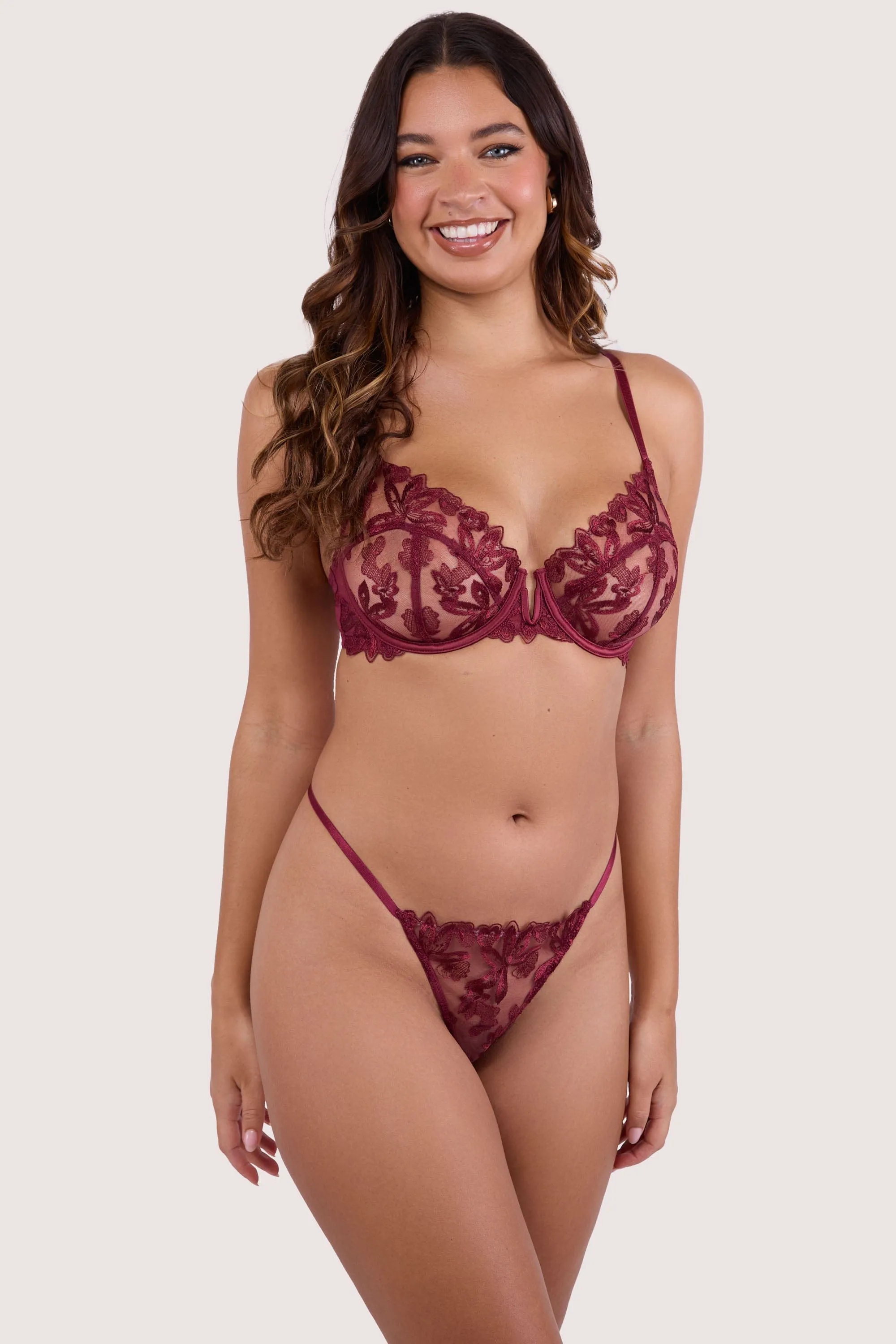Eva Dark Cherry Graphic Embroidery Thong