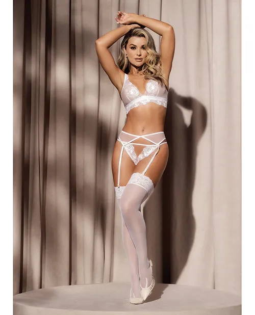Floral Lace & Mesh Top. Garter Belt & Peek A Boo Panty White