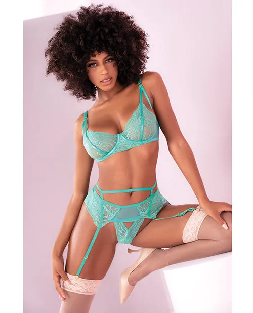 Floral Lace Bra. Garter Belt & Panty Aqua