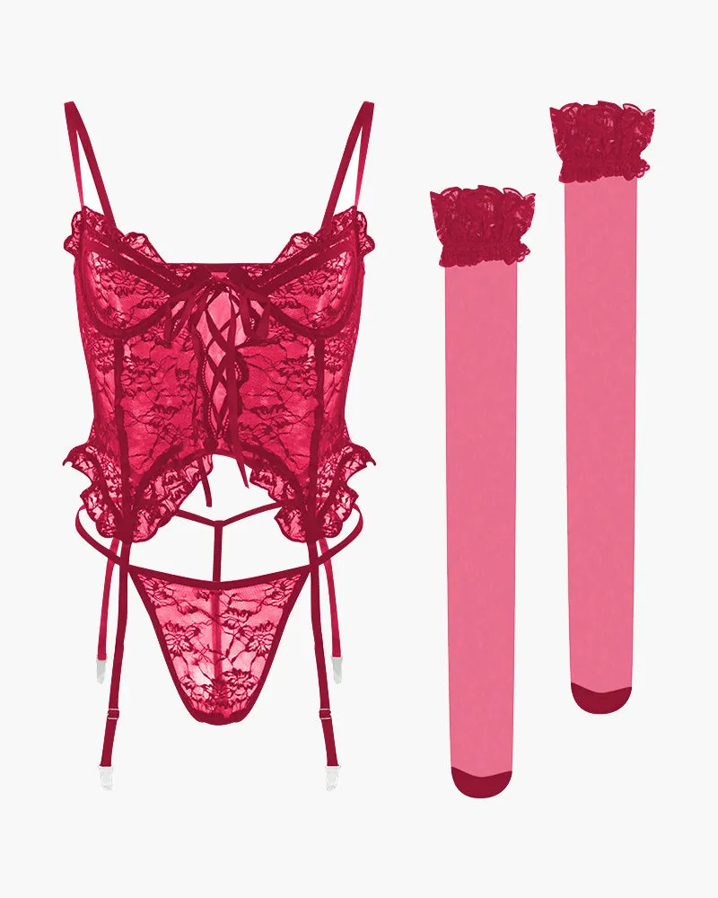 Floral Lace Underwire Lingerie Set & Stockings