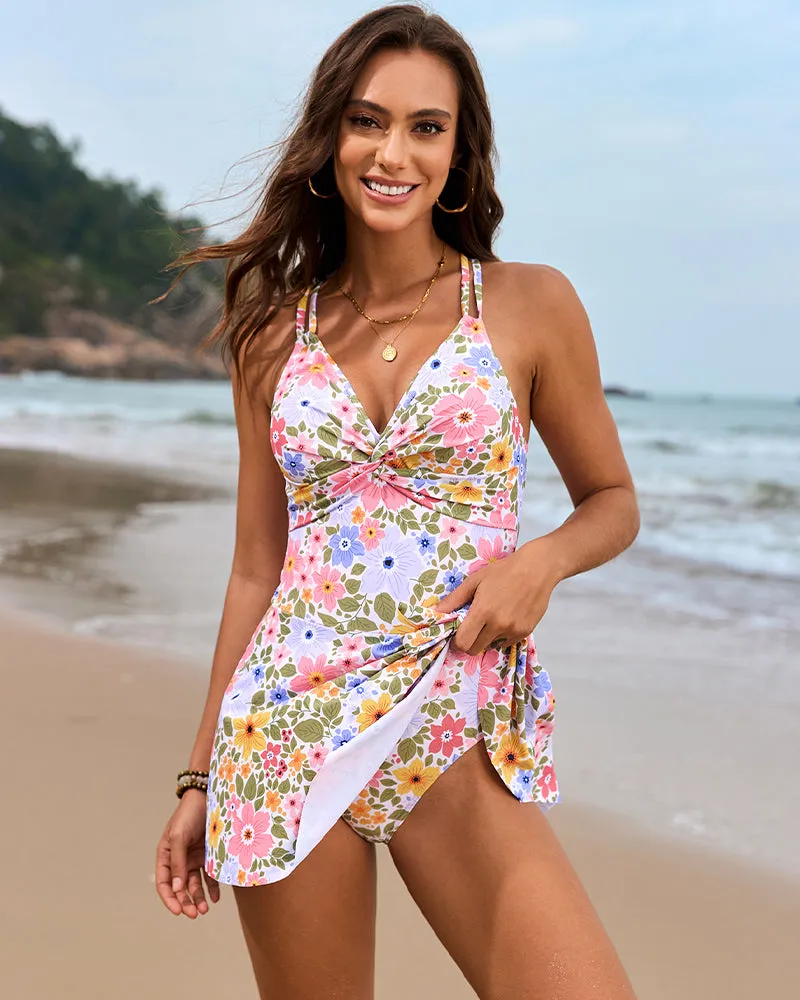 Floral Print Side Drawstring Swim Dress