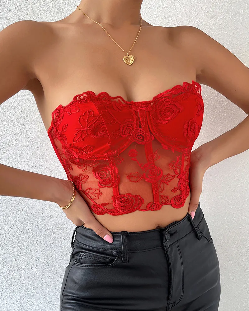 Floral Strapless Tube Top Boned Mesh Bustier