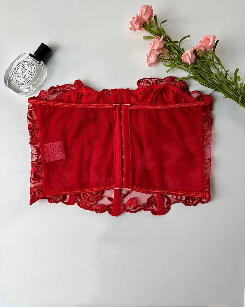 Floral Strapless Tube Top Boned Mesh Bustier