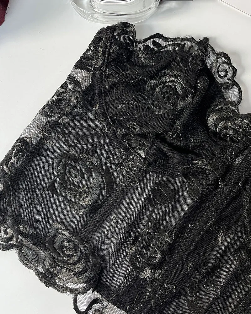 Floral Strapless Tube Top Boned Mesh Bustier
