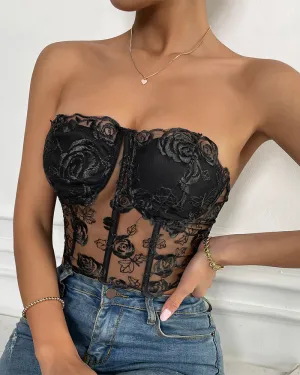 Floral Strapless Tube Top Boned Mesh Bustier