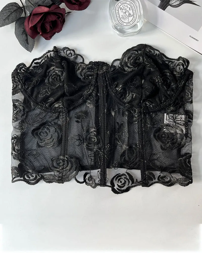 Floral Strapless Tube Top Boned Mesh Bustier