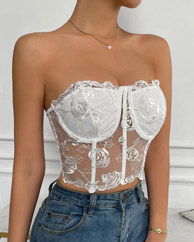 Floral Strapless Tube Top Boned Mesh Bustier