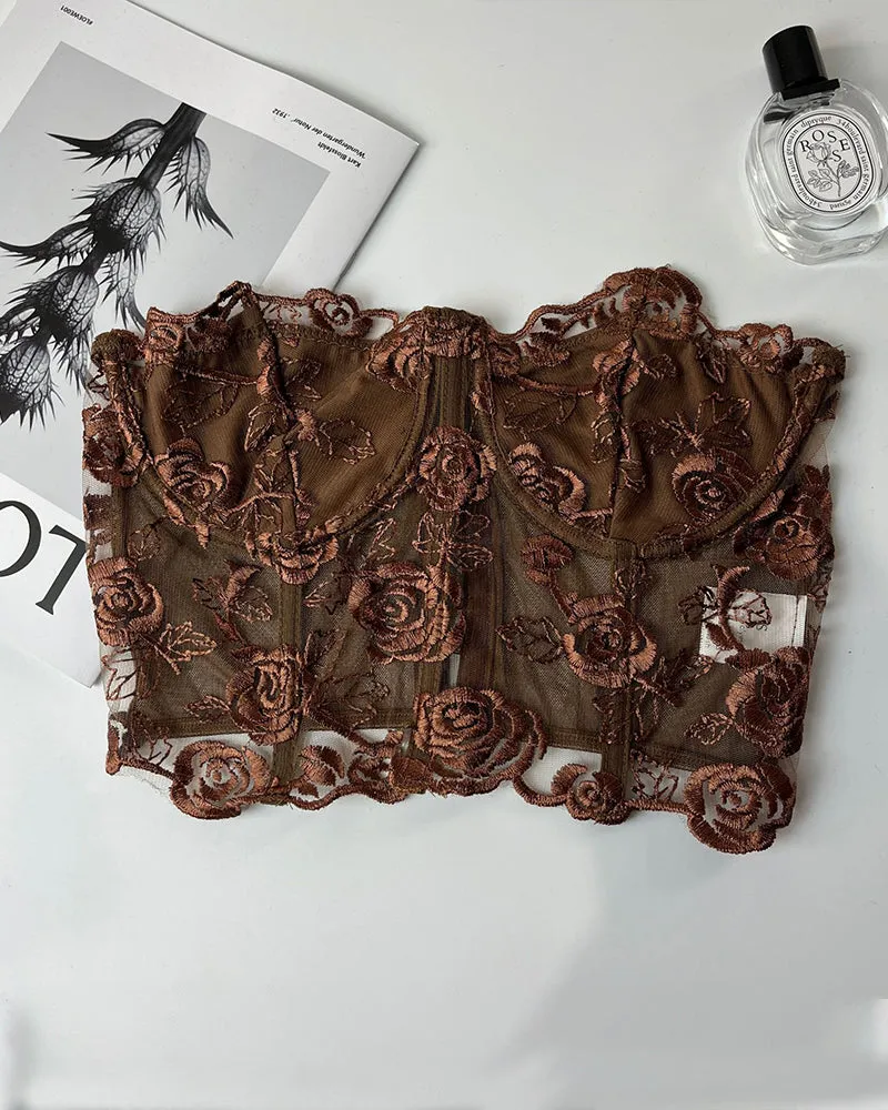 Floral Strapless Tube Top Boned Mesh Bustier