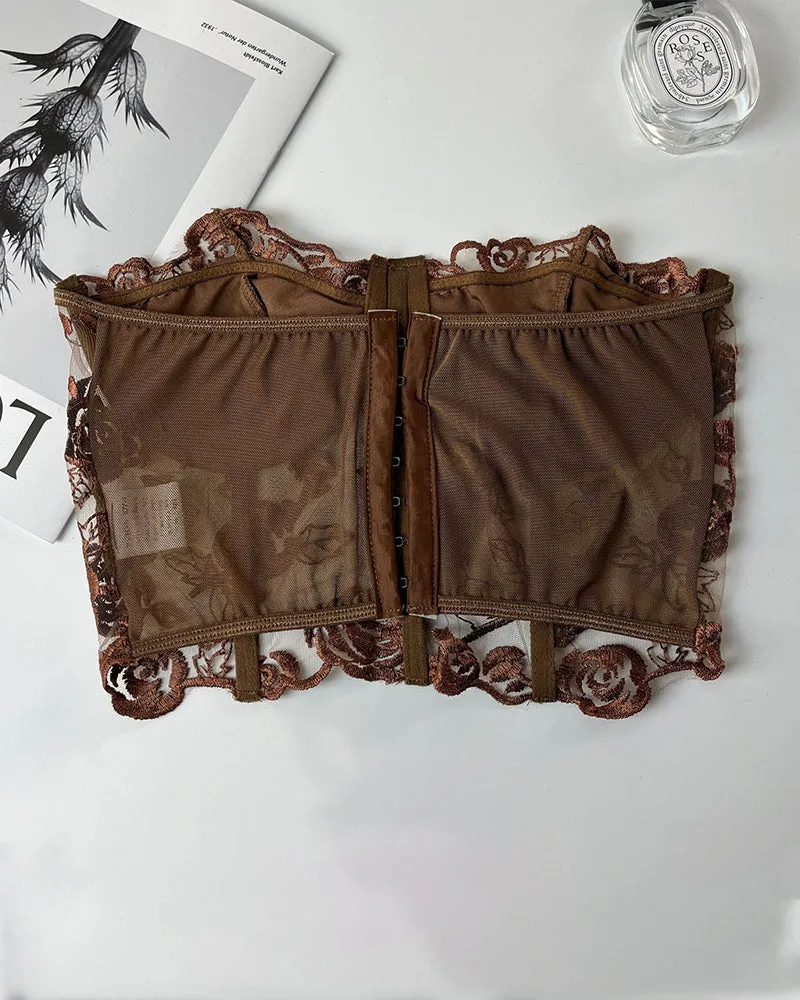 Floral Strapless Tube Top Boned Mesh Bustier