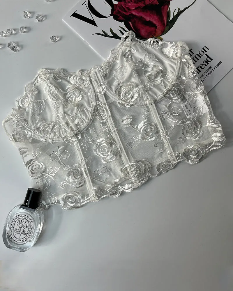 Floral Strapless Tube Top Boned Mesh Bustier