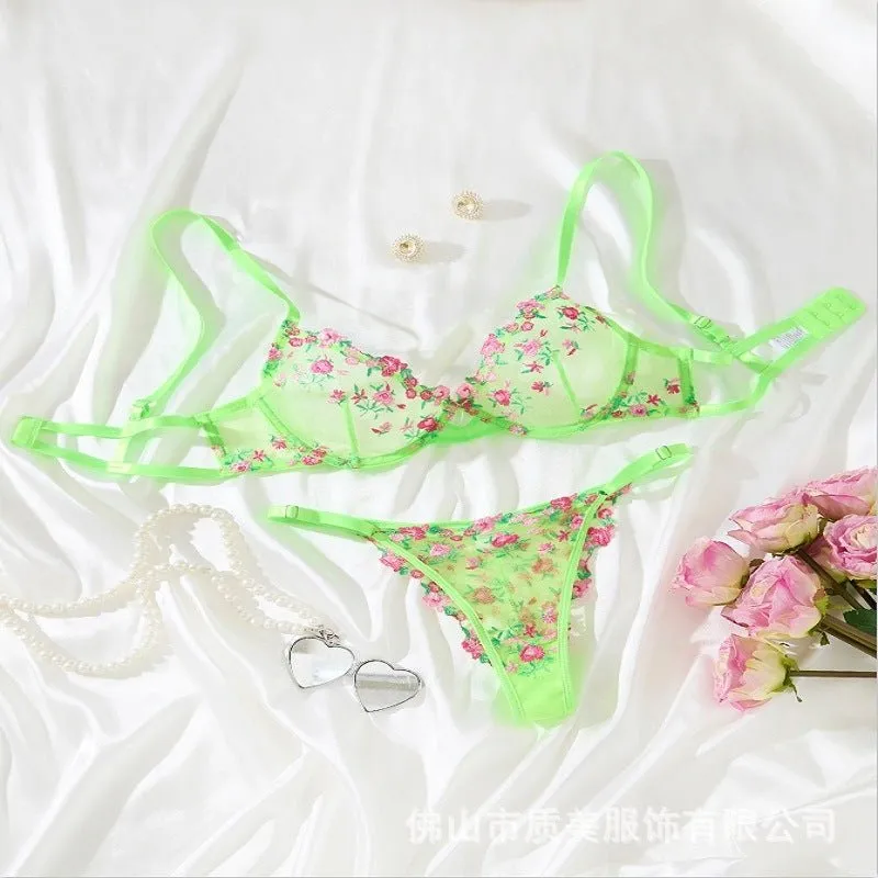 Glow Up. Lace Down Sheer Lace Bra & Thong Lingerie