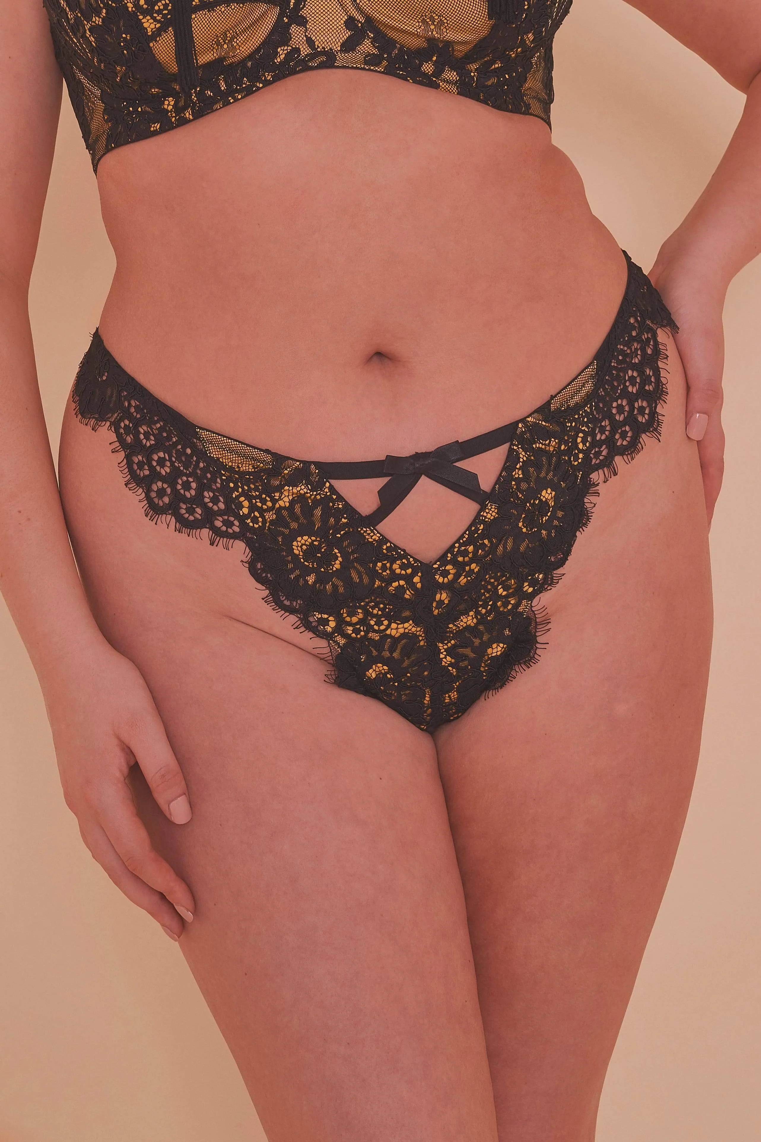 Jaquelina Mustard Contrast Crotchless Thong