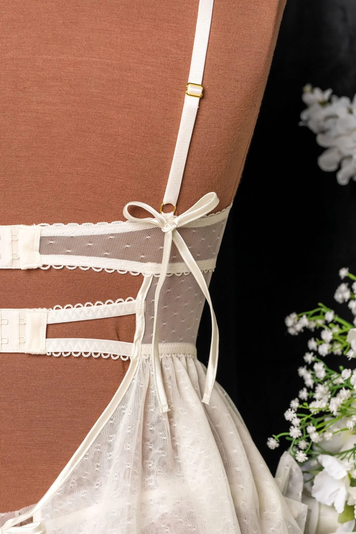 Lace & Mesh Bustier Tiered Babydoll - Pearl