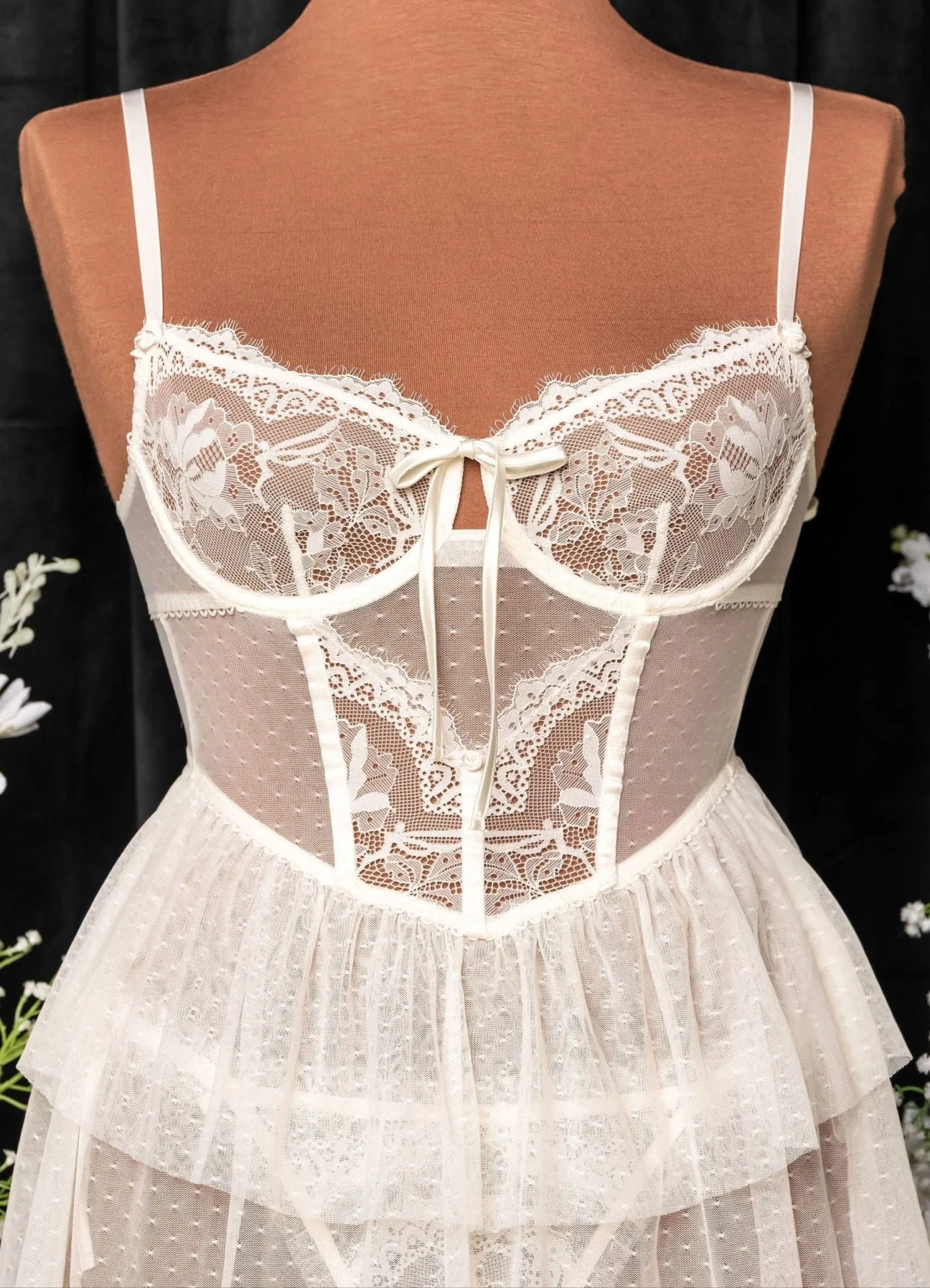 Lace & Mesh Bustier Tiered Babydoll - Pearl