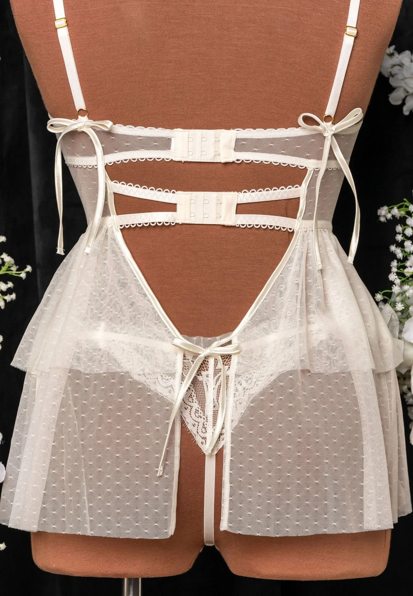 Lace & Mesh Bustier Tiered Babydoll - Pearl
