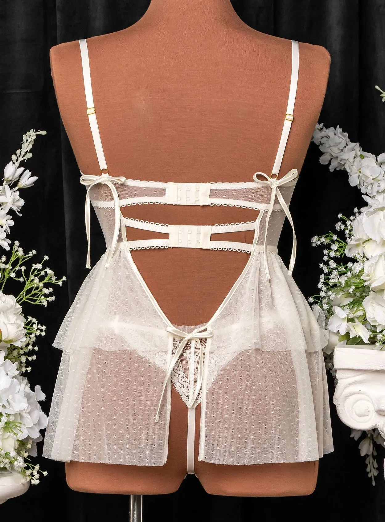 Lace & Mesh Bustier Tiered Babydoll - Pearl