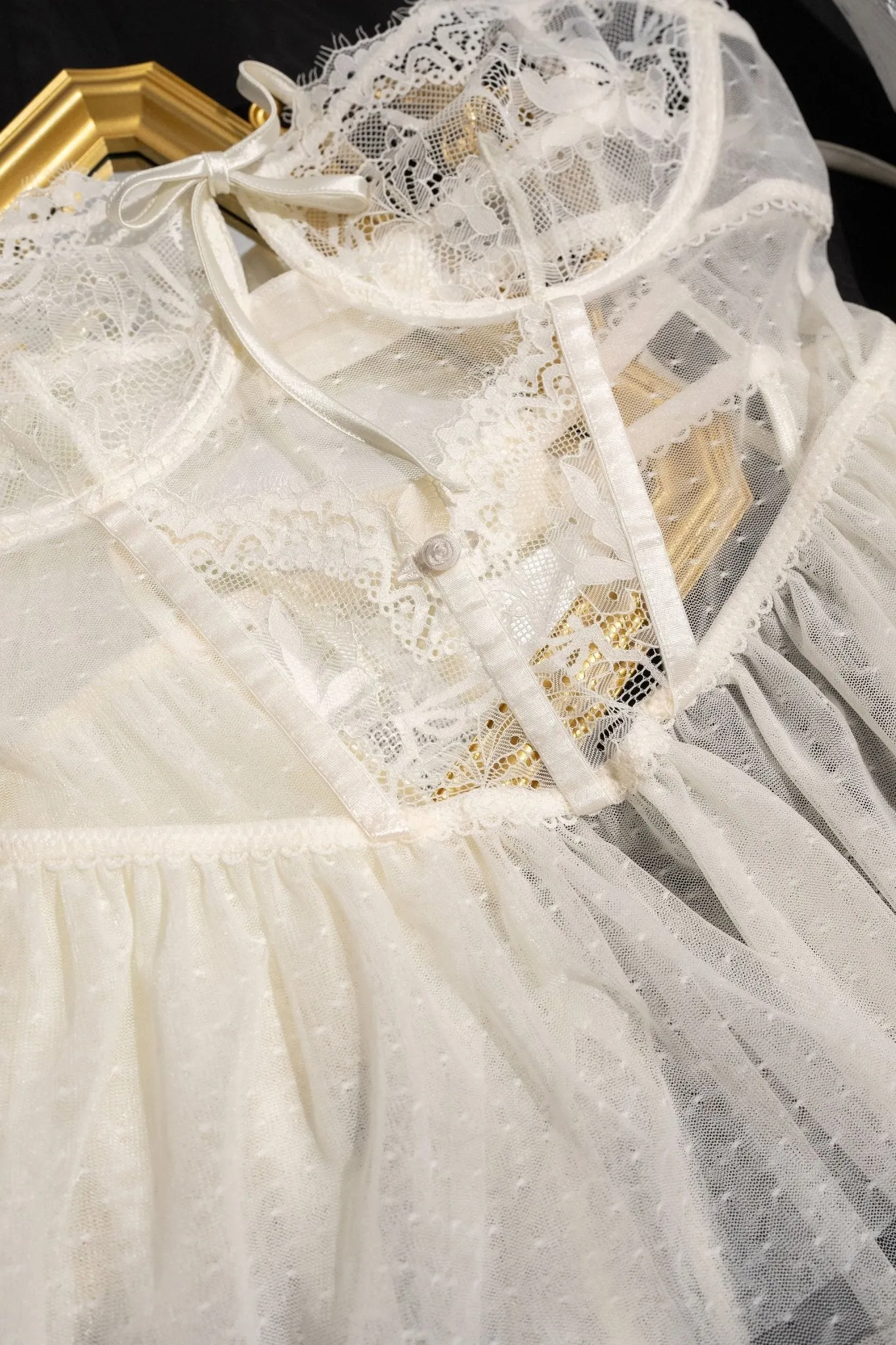 Lace & Mesh Bustier Tiered Babydoll - Pearl