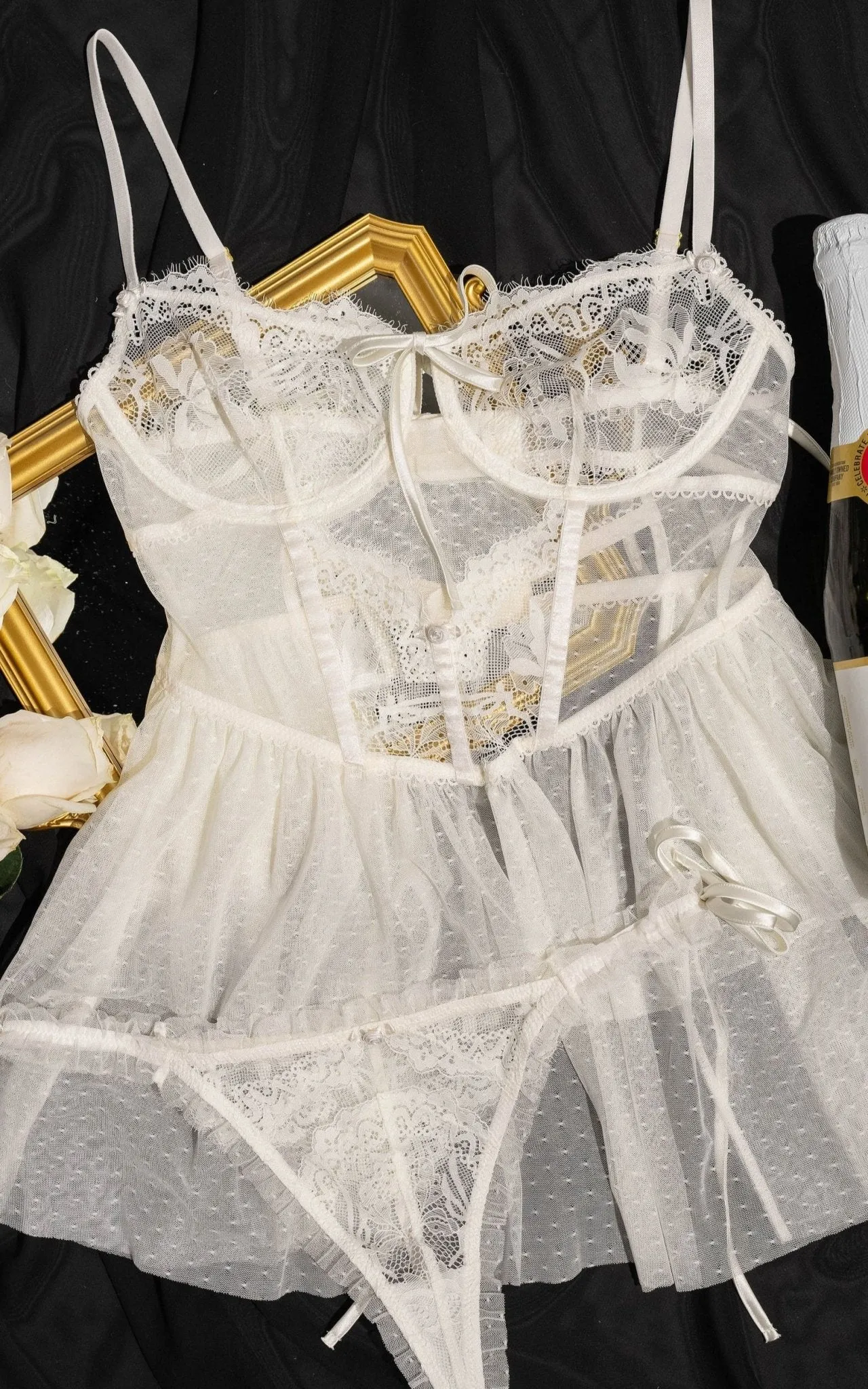 Lace & Mesh Bustier Tiered Babydoll - Pearl
