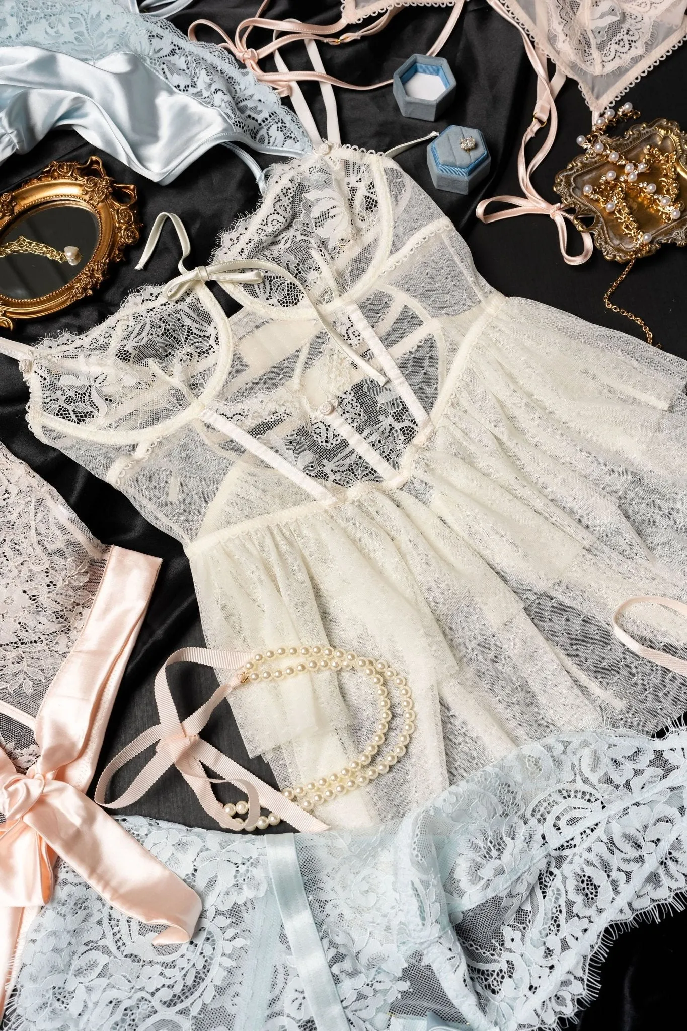 Lace & Mesh Bustier Tiered Babydoll - Pearl