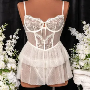 Lace & Mesh Bustier Tiered Babydoll - Pearl