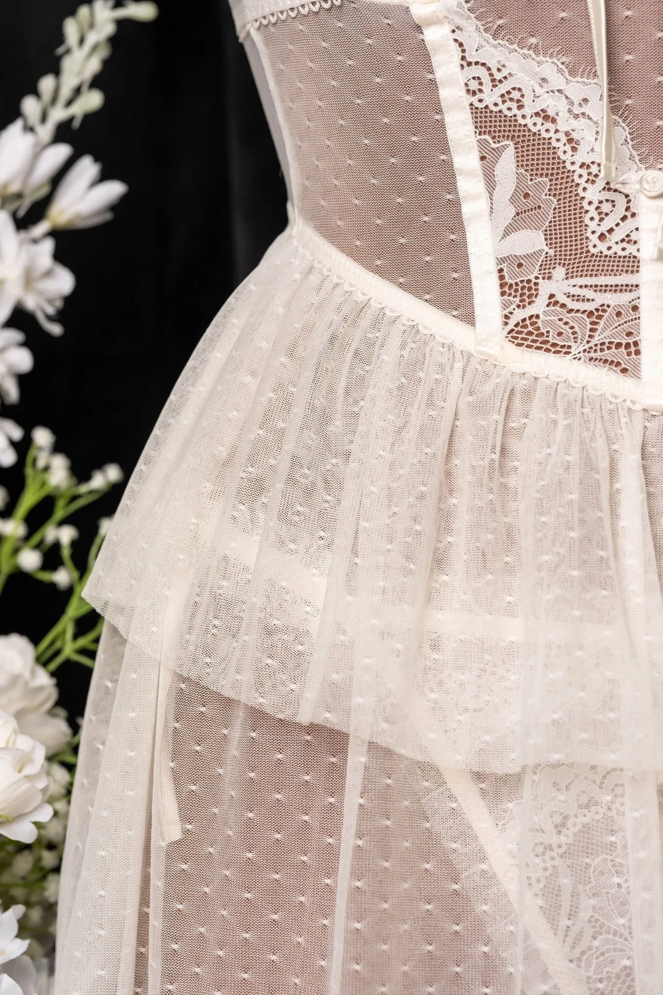 Lace & Mesh Bustier Tiered Babydoll - Pearl