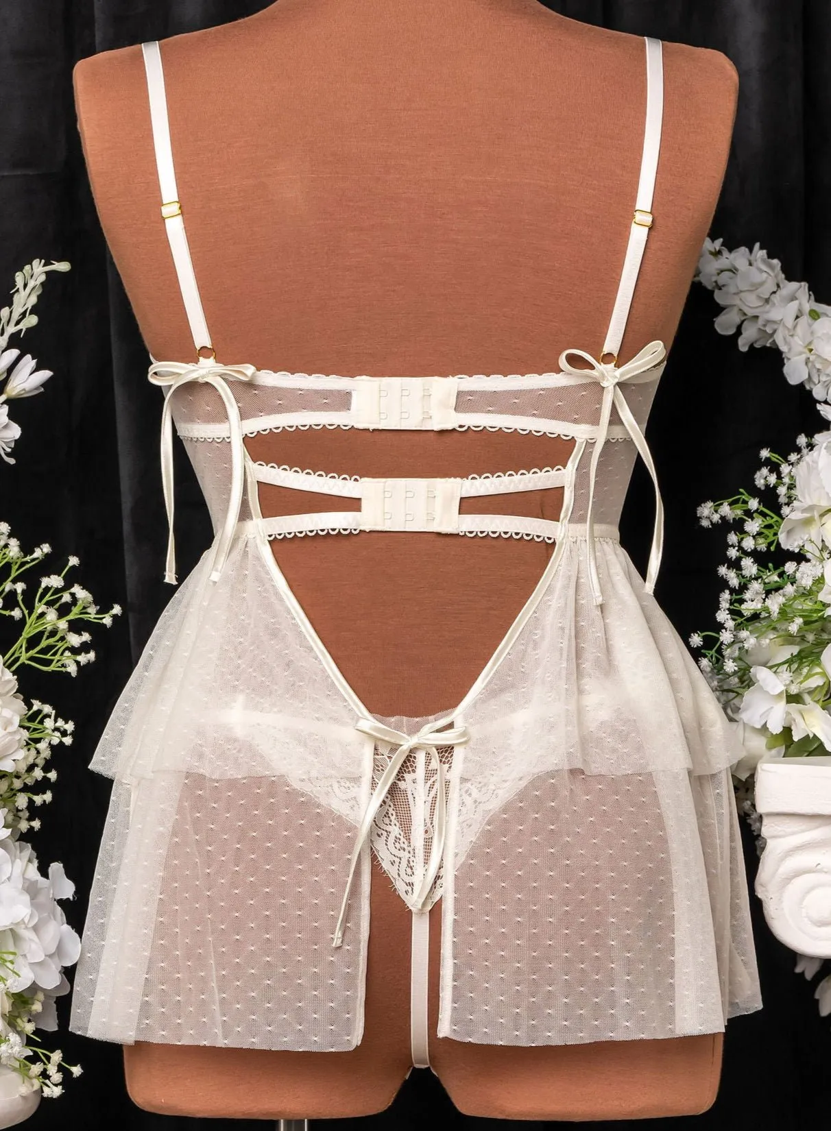 Lace & Mesh Bustier Tiered Babydoll - Pearl