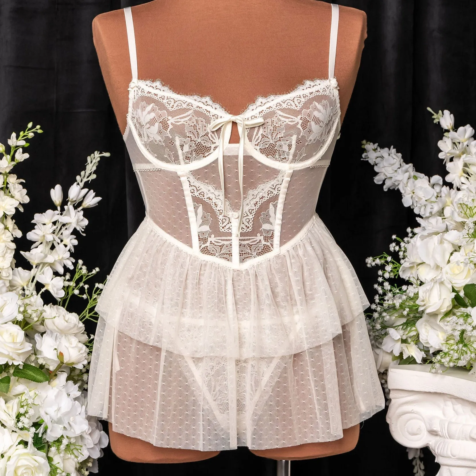Lace & Mesh Bustier Tiered Babydoll - Pearl