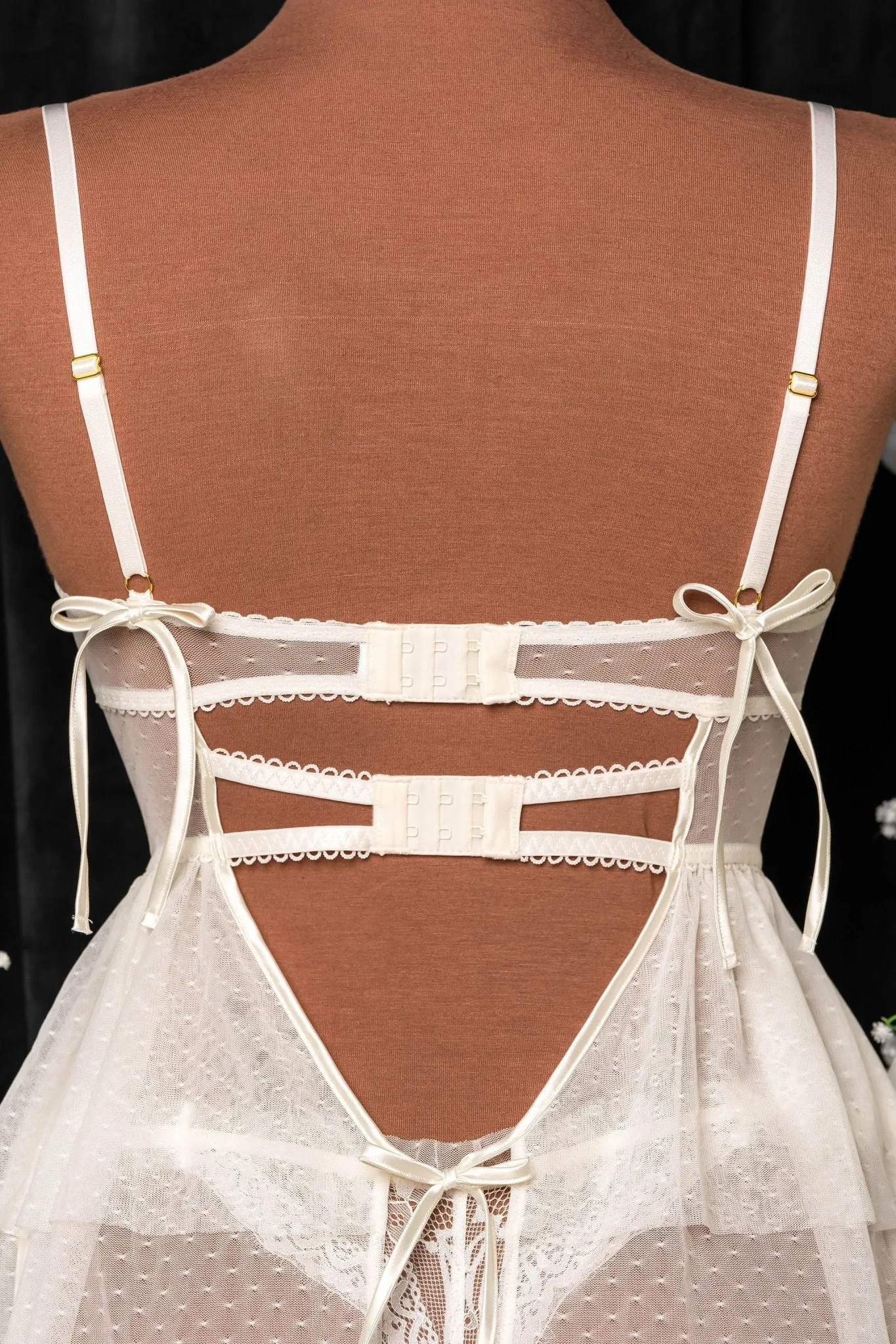 Lace & Mesh Bustier Tiered Babydoll - Pearl