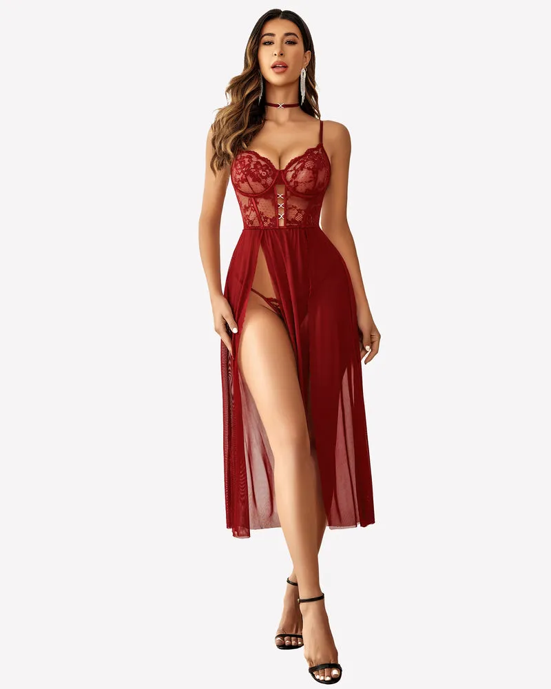 Lace Mesh Side Split Nightgown (DE Only)