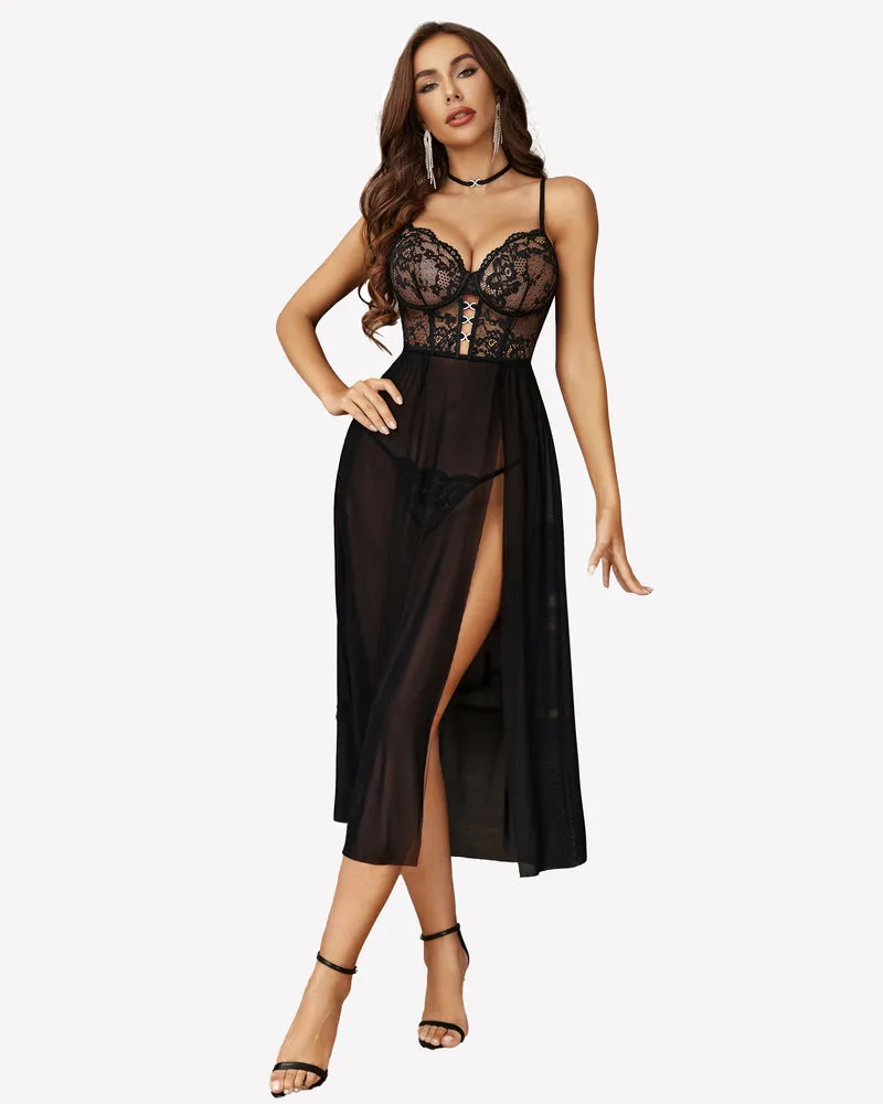 Lace Mesh Side Split Nightgown (DE Only)