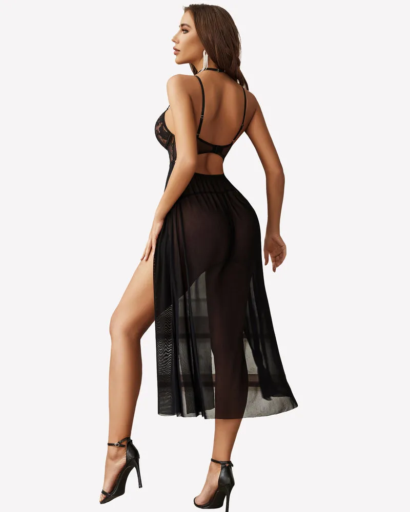 Lace Mesh Side Split Nightgown (DE Only)