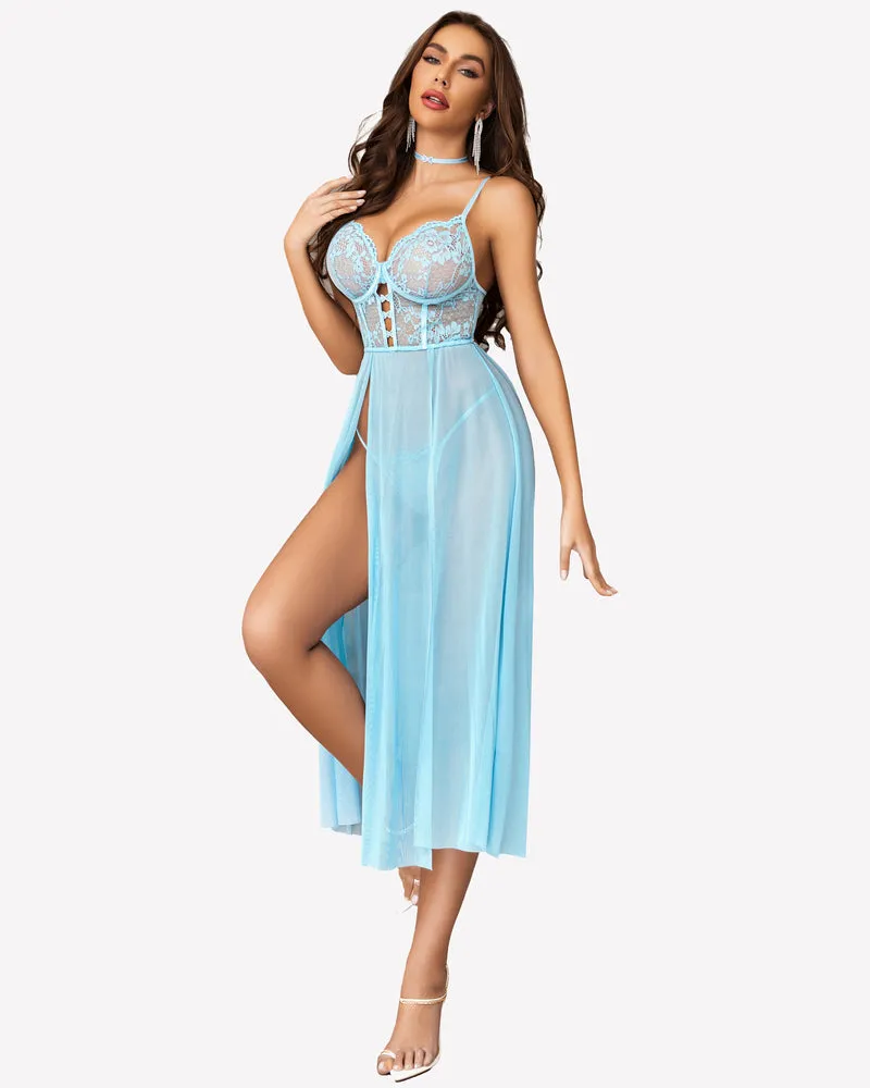 Lace Mesh Side Split Nightgown (DE Only)