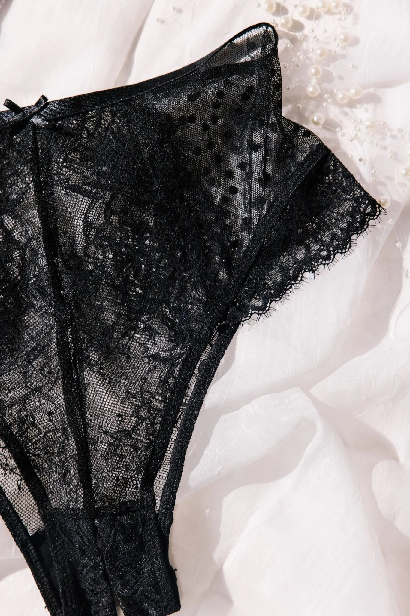 Lacy High Waist Crotchless Panty - Black