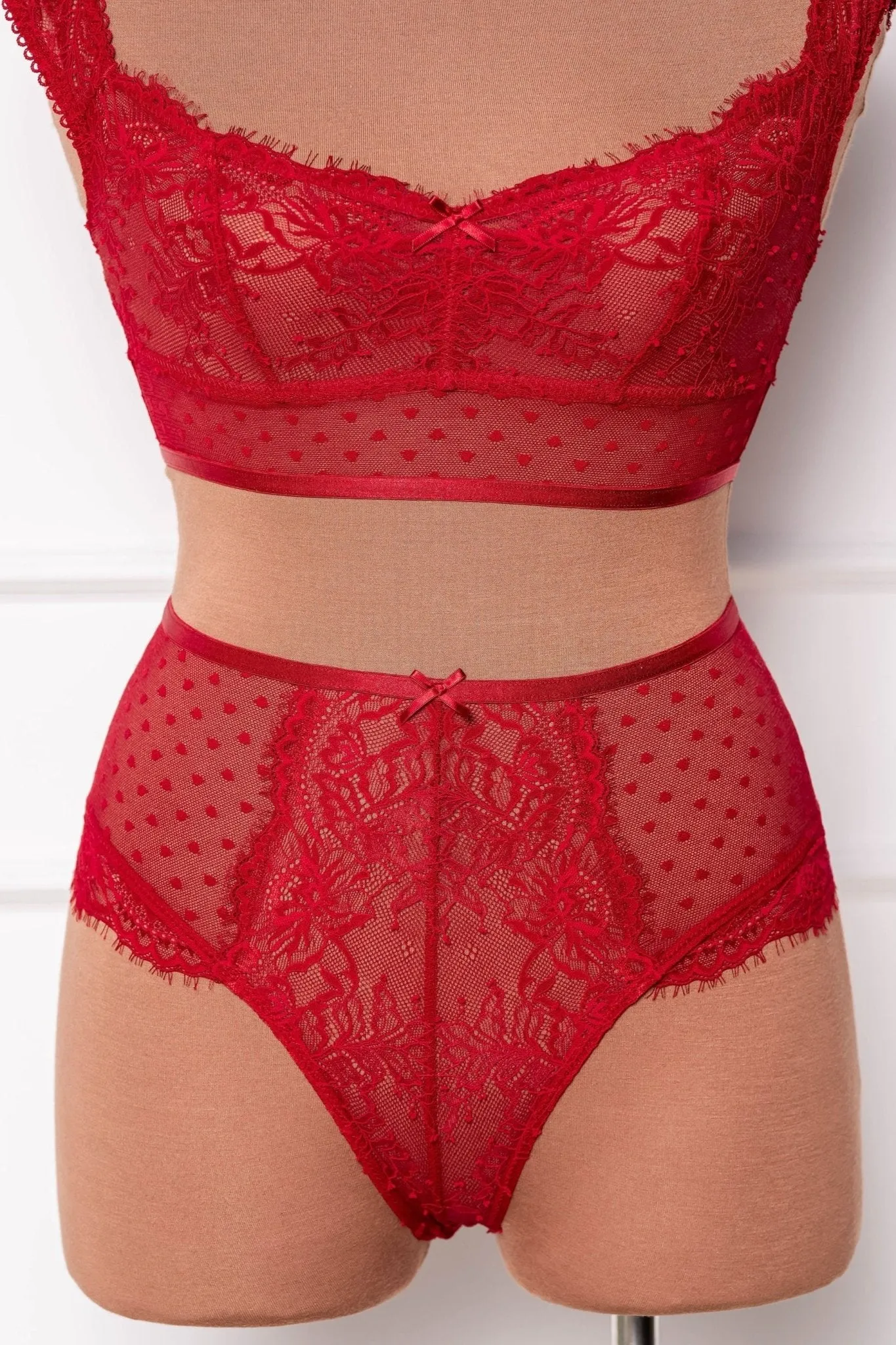 Lacy High Waist Crotchless Panty - Red