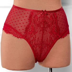 Lacy High Waist Crotchless Panty - Red
