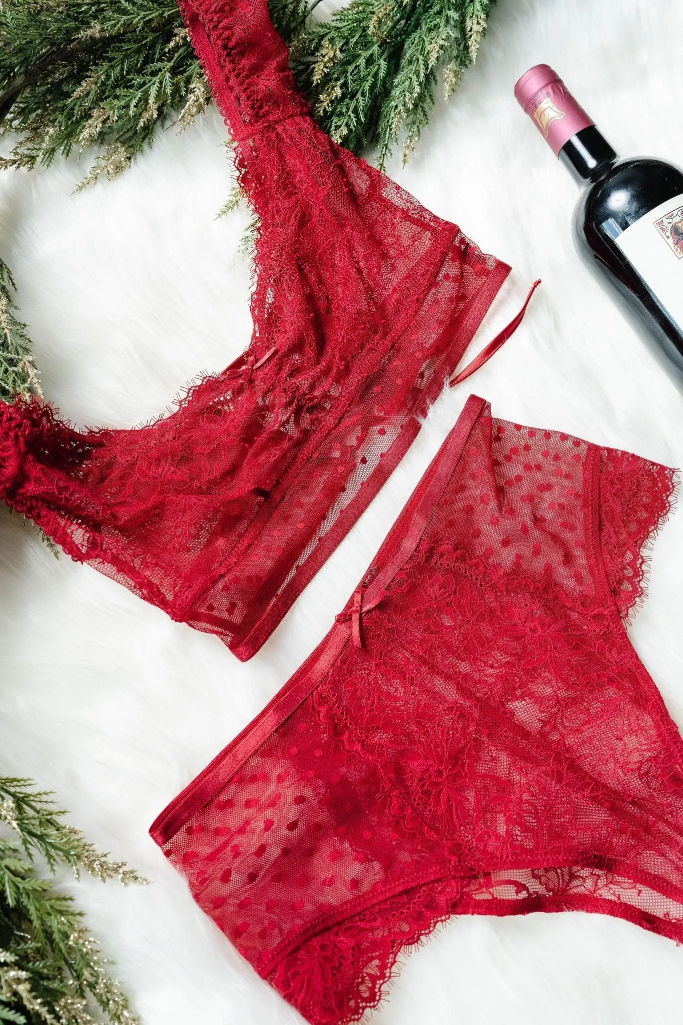 Lacy High Waist Crotchless Panty - Red