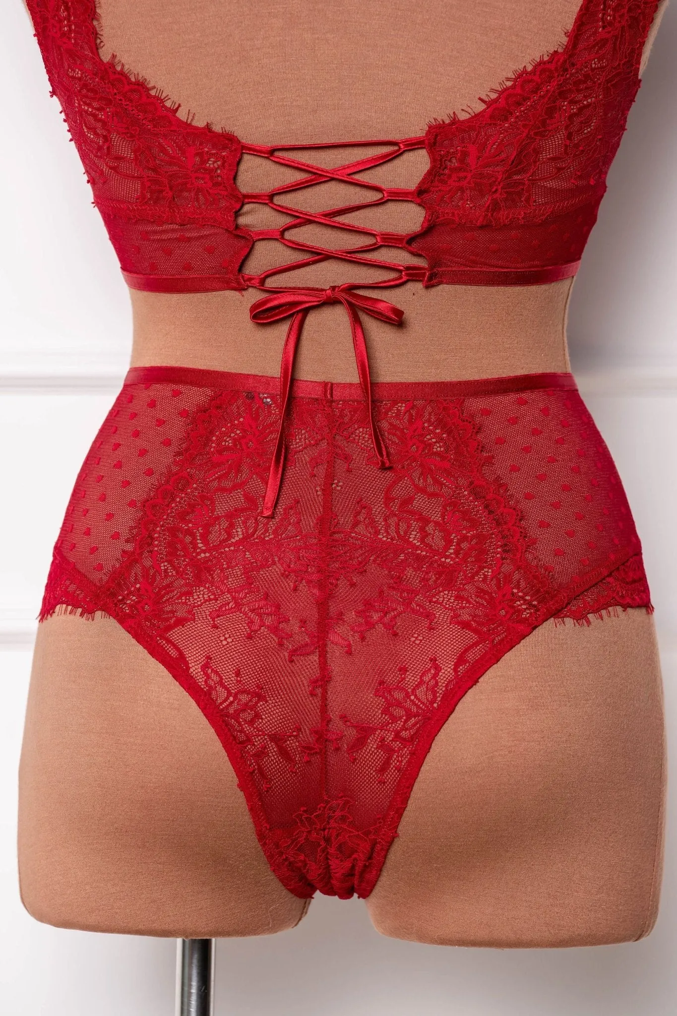Lacy High Waist Crotchless Panty - Red