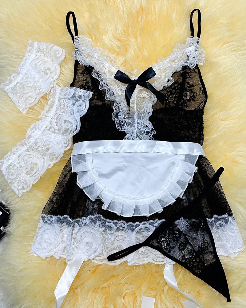 Maid Costume Sheer Lace Patchwork Dress Set