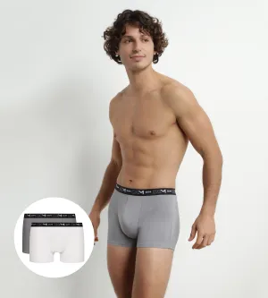 Pack of 2 Men's Boxers White Grey Contrast Waistband Dim Cotton Stretch