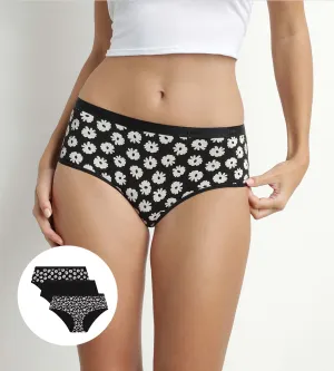 Pack of 3 women's stretch cotton shorties Black Beige with flowers Les Pockets