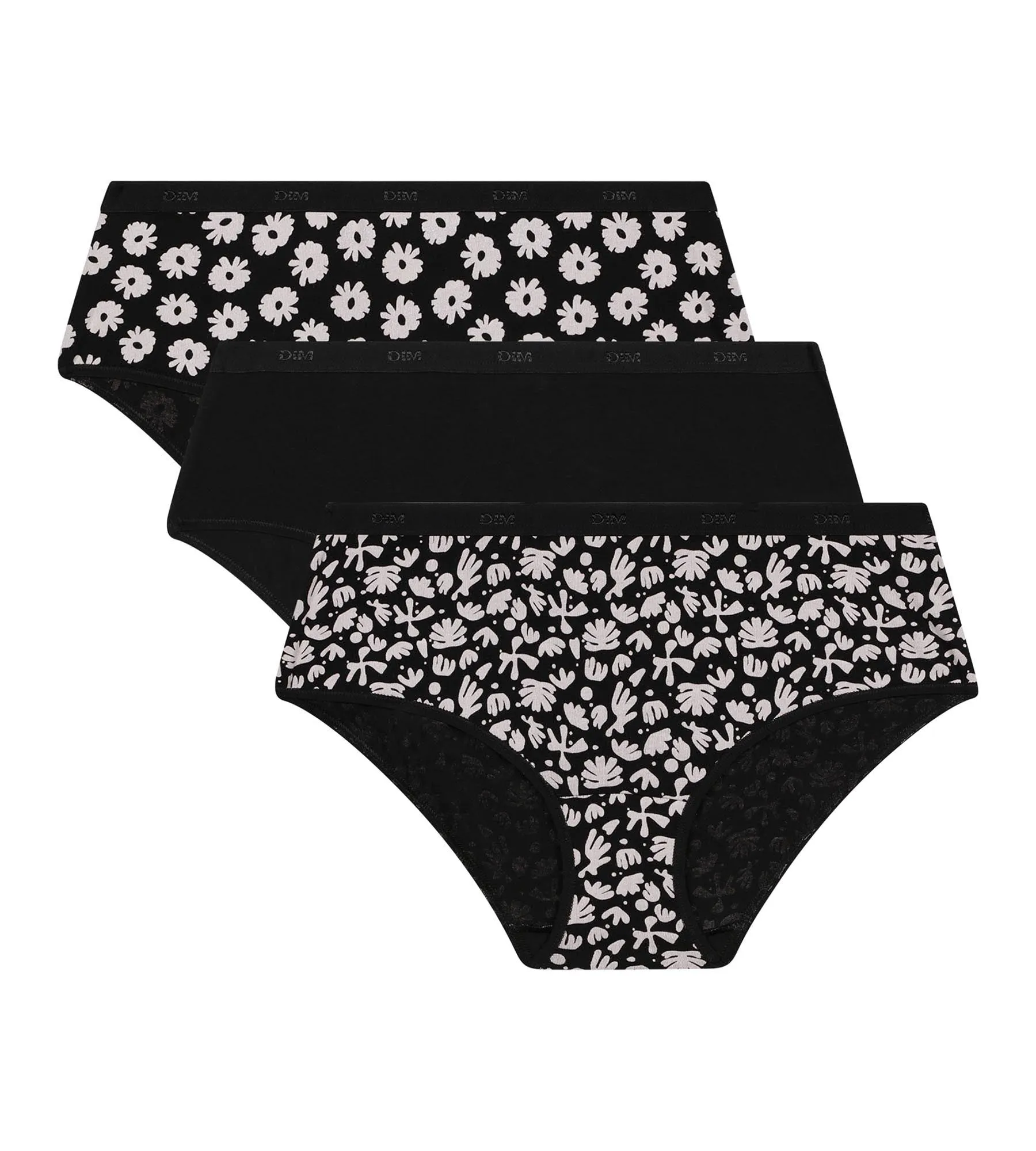 Pack of 3 women's stretch cotton shorties Black Beige with flowers Les Pockets